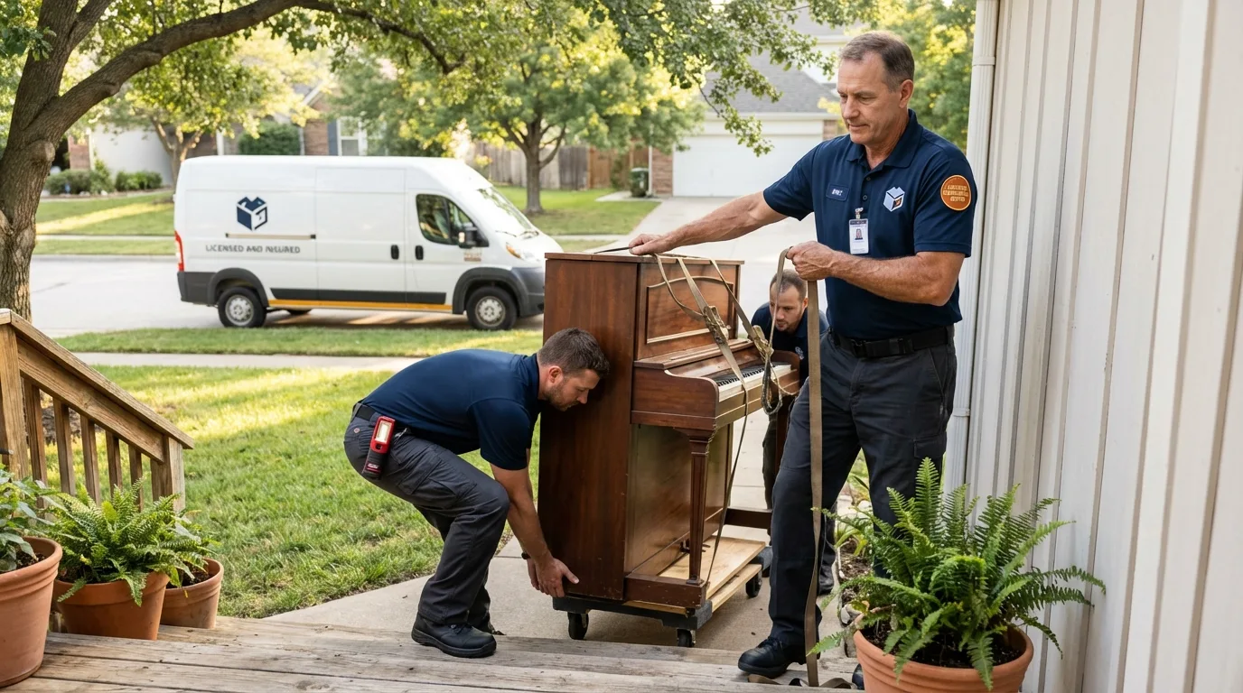 Licensed piano movers securing grand piano in Uhrichsville, OH