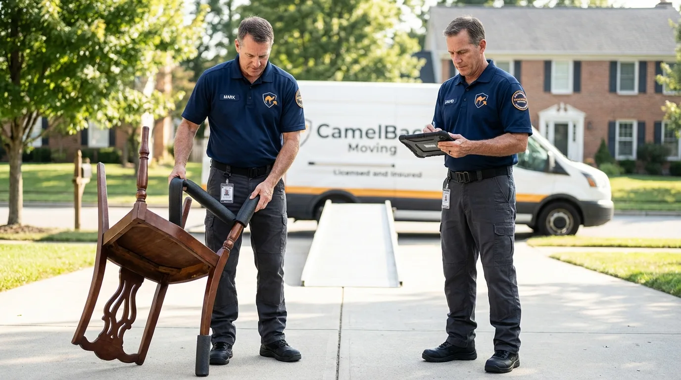 Movers inspecting furniture for damage prevention before loading in Uhrichsville, OH