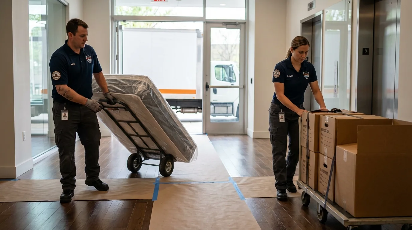 Professional apartment movers loading elevator in Uhrichsville, OH