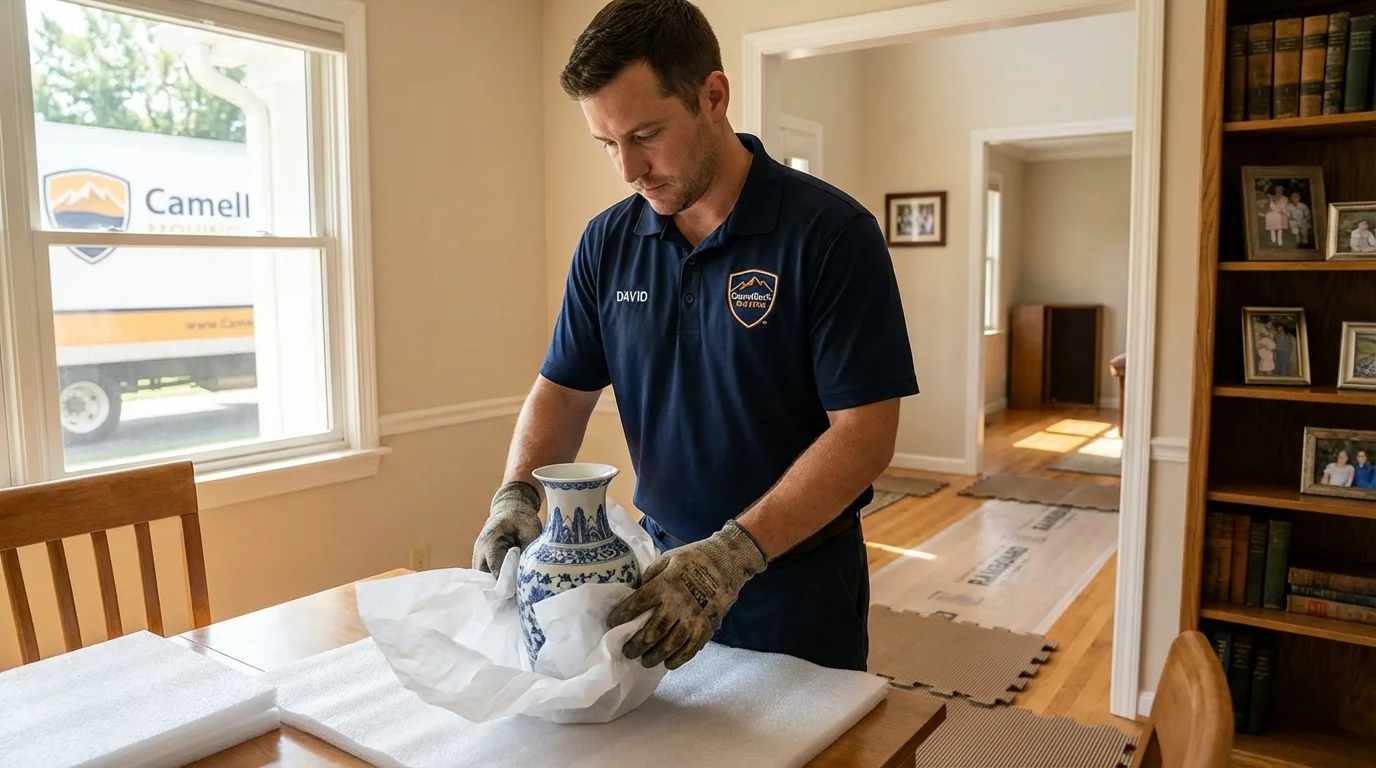 Professional crew carefully wrapping antique vase for senior downsizing move in Uhrichsville, OH
